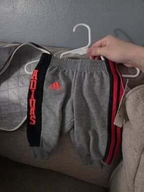 adidas Gray Sweatpants with Black and Red Accents